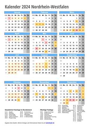 Kalender 2024 NRW Hochformat mit Schulferien
