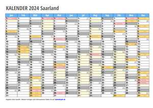 Kalender 2024 Saarland Monate mit Schulferien