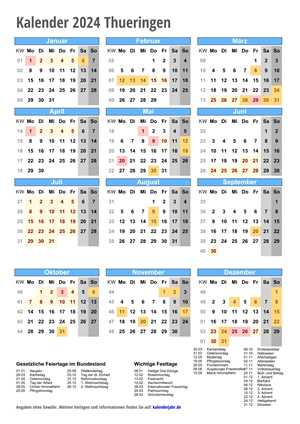 Kalender 2024 Thueringen Hochformat mit Schulferien
